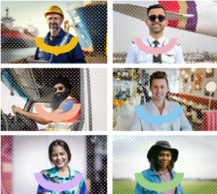 People from different walks of life, each with a colourful Manah smile motif